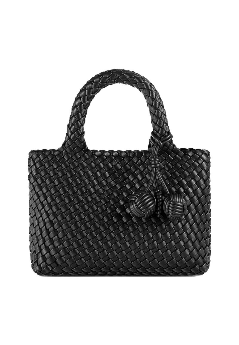 Borsa a mano in pelle intrecciata nera con due manici arrotondati e tre frange decorative in pelle annodate sulla parte frontale.