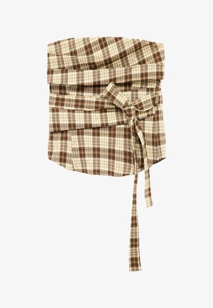 Brun og beige ternet stofnederdel med bælte bundet i taljen, med en lige kant og afslappet stil.