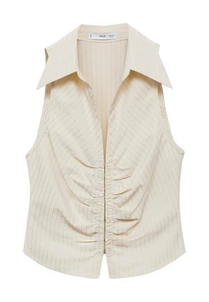 Sleeveless cream blouse with a pointed collar, vertical pinstripe pattern, and gathered texture along the front, featuring a subtle sheen.