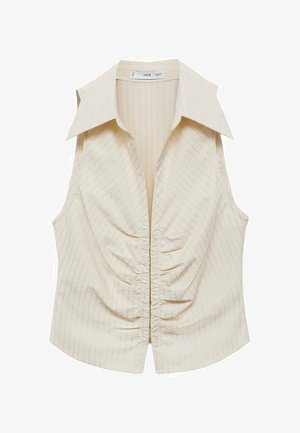 Sleeveless cream blouse with a pointed collar, vertical pinstripe pattern, and gathered texture along the front, featuring a subtle sheen.