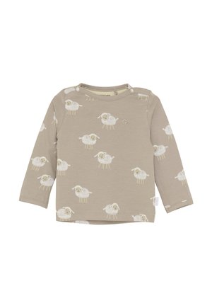 Beige Langarm-Babyshirt mit weißen Schafsmustern und Druckknöpfen an der Schulter für ein einfaches Anziehen.