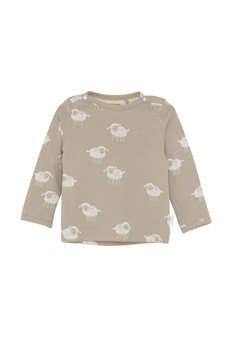 Beige babyshirt met lange mouwen met witte schapenpatronen en drukknoopjes op de schouder voor gemakkelijke aankleding.
