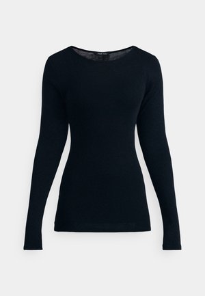 Långärmad, figurnära topp i helt svart tyg. Rundad halsringning, mjuk textur och inga synliga mönster eller dekorationer.