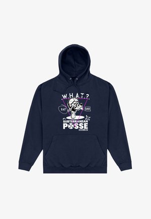 Felpa con cappuccio blu navy con un topo dei cartoni animati che indossa un casco, testo "W.H.A.T?", "RAT", "SK8" e "Subterranean Posse Since 1967" davanti.
