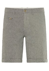 Shorts en coton gris avec un motif texturé, fermeture à bouton et revers roulés. Comprend une poche latérale avec un accent décoratif en forme de bouton.