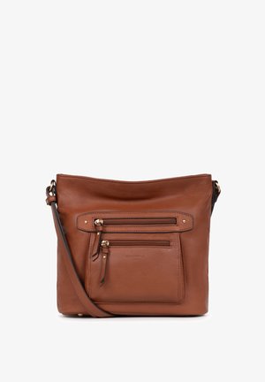 Borsa a spalla in pelle marrone con due tasche frontali con zip, tracolla regolabile e texture liscia. Presenta dettagli in metallo dorato.
