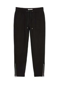 Zwarte joggingsbroek van zachte stof met een elastische tailleband, trekkoorddetail en ritsen bij de enkels.