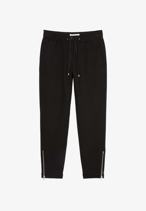 Schwarze Jogginghosen aus weichem Stoff mit elastischem Bund, Kordelzugdetails und Reißverschlüssen an den Knöcheln.