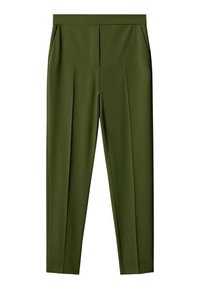 Pantalons taillés verts en tissu lisse. Comprend deux poches latérales, des plis sur le devant et une coupe droite.