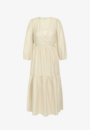 Beiges Wickelkleid aus strukturiertem Stoff, mit V-Ausschnitt, langen Puffärmeln und einem gewellten Rock. Verstellbare Taillenbunddetails.