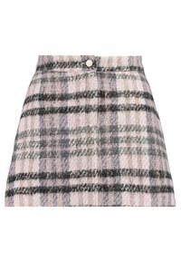Jupe à carreaux en tissu tissé présentant des nuances de rose, gris et noir. Conçue avec une fermeture à boutons sur le devant et une silhouette évasée, finition texturée.
