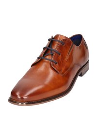 Braune Leder Schnürschuhe mit glatter Oberfläche, spitzer Zehenform und kontrastierenden dunklen Schnürsenkeln. Verfügt über ein dezentes blaues Innenfutter und eine strukturierte Sohle.
