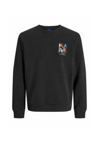 Sudadera negra de mezcla de algodón, con puños y dobladillo acanalados. En el lado izquierdo del pecho presenta un diseño gráfico colorido.