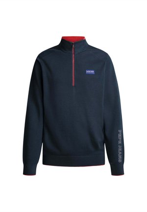 Marineblauwe zip-up sweatshirt met een rode kraag en ritssluiting. Beschikt over textuurstof en een logo op de borst. "PEPE JEANS" tekst op de mouw.