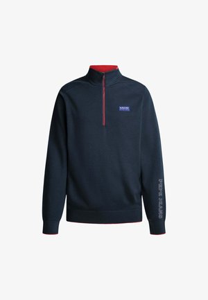 Tumesinine lukuga sviiter punase krae ja lukuga. Omab tekstuuriga kangast ning rinnal on logo. "PEPE JEANS" kiri varrukal.