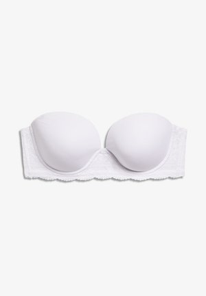 Soutien-gorge blanc sans bretelles avec bonnets moulés, bordure en dentelle et bande texturée. Matériau lisse et forme légèrement courbée.