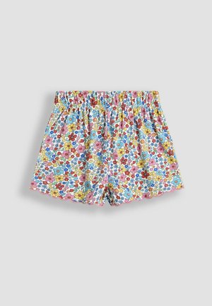 Șorturi din bumbac cu imprimeu floral, cu o talie elastică, featuring flori multicolore pe un fundal deschis și margine ondulată.