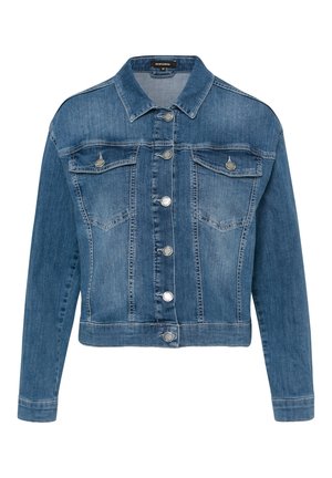 Blå denimjakke med lange ærmer, knaplukning foran, to brystlommer med knapklapper og krave, størrelse 36.