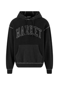 Svart hettegenser med "MARKET" trykt i hvitt. Har en frontlomme, snor i hetta og kontrasterende sømdetaljer. Myk tekstur.
