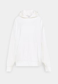 Felpa bianca con cappuccio realizzata in tessuto morbido. Caratterizzata da una vestibilità rilassata, polsini larghi e un design del cappuccio piegato e aderente. Texture liscia, stile minimalista.