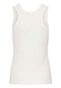 Débardeur blanc ajusté sans manches avec encolure ronde, texture lisse, présenté sur un fond uni.