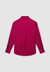 Long-sleeve fuchsia silk shirt laid flat showing back side, with single center pleat, buttoned cuffs, and pointed collar on plain background.