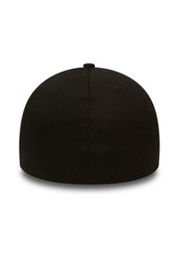 Black fitted cap with a smooth fabric texture, rounded top, and six ventilation eyelets. No visible logos or additional embellishments.