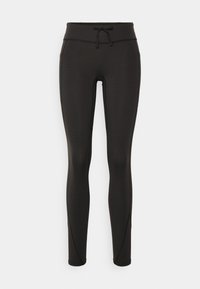 Black leggings with a high waistband, drawstring, smooth texture, and fitted design. Features stitching details along the sides.