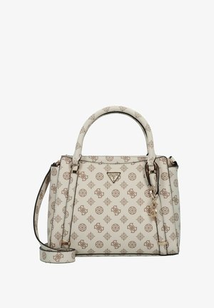 borsa strutturata in ecopelle crema con un motivo a logo marrone ripetuto, manici superiori e una tracolla regolabile.