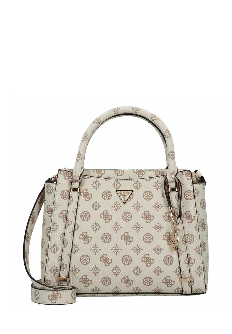 sac structuré en simili cuir crème avec un motif logo marron en répétition, poignées supérieures et une bandoulière ajustable.