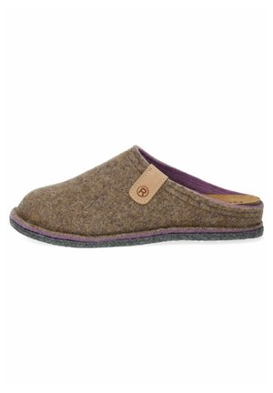 Brown felt slip-on slipper with a purple interior, gray sole, and a leather patch with a logo on the side. Rounded toe and low profile.