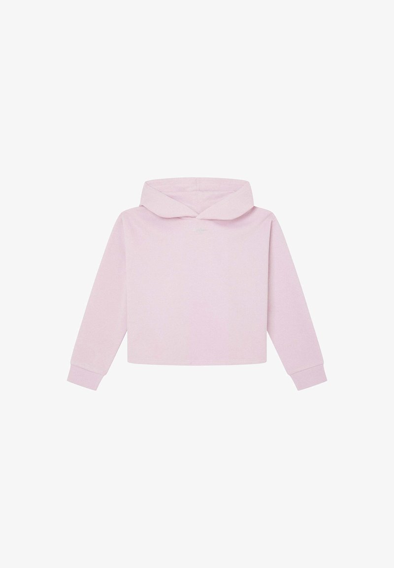 Sweat à capuche court rose clair avec manches longues et poignets côtelés, avec un petit logo blanc au centre devant.