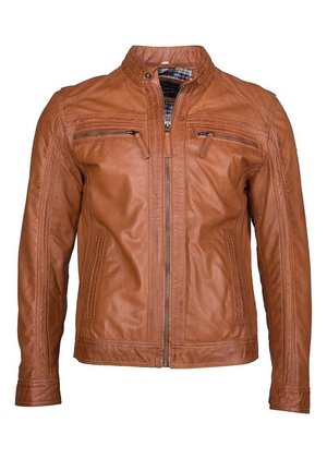 Braune Leder-Motorradjacke mit Stehkragen,Reißverschluss vorne und zwei Brusttaschen. Verfügt über Nähdetails und eine glatte Textur.