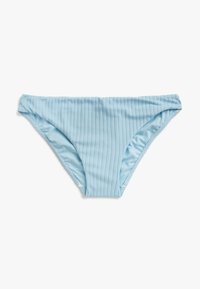 Jasnoniebieskie majtki bikini o żebrowanej teksturze, z medium-wysokim stanem i elastycznym pasem dla wygody noszenia.