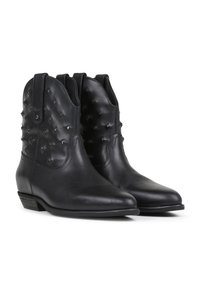 Black leather ankle boots with pointed toes, featuring a textured, studded design on the sides and pull-on tabs for easy wear.