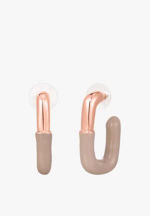 Ganchos en color oro rosa y translúcidos con un acabado brillante, que presentan formas curvas y bases sólidas en color beige, diseñados para montaje en pared.