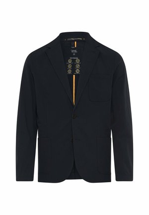 Donkerblauw herenblazer met inkeping revers, twee knopen, drie voorzakken en een gele bies aan de voering met verzorgingssymbolen.