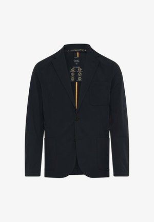 Herre mørkeblå blazer med hakrevers, to knapper, tre forlommer med lapper og guldkantet foring med plejeikoner.