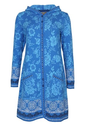 Helle fleurierte Kapuzenjacke mit zwei vorderen Taschen, Knopfverschluss und filigranen Spitzenverzierungen entlang des Saums und der Ärmel.