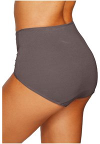 High-waisted, dark gray underwear made of smooth fabric, featuring a seamless design and soft waistband, with a snug fit.