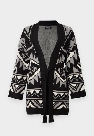 Cardigan tricotat negru, gri și alb, cu modele geometrice, cu deschidere frontală, mâneci lungi și o curea asortată legată în talie.