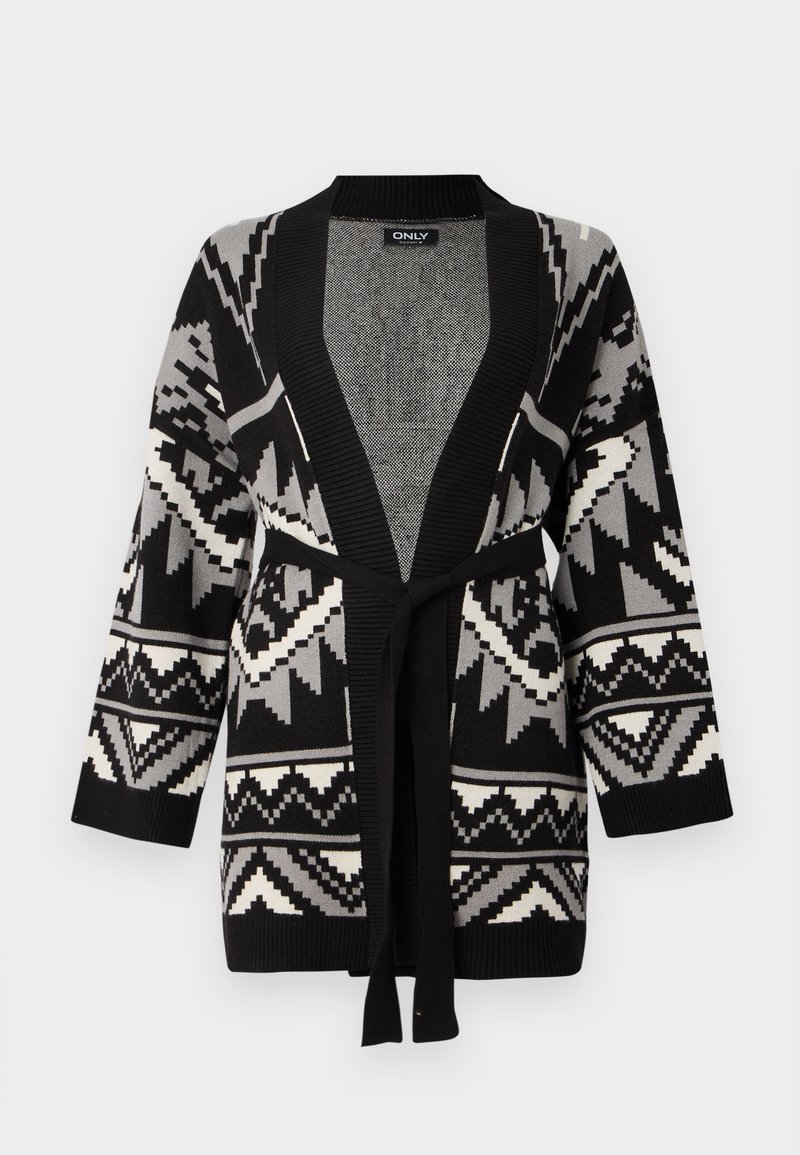 Cardigan a maglia nero, grigio e bianco con motivi geometrici, apertura frontale, maniche lunghe e una cintura abbinata annodata in vita.