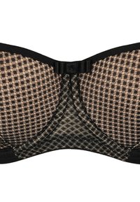 Schwarzer Spitzen-BH mit blumenmusterartigem Mesh, einer glatten Unterlage, breiten Trägern und einer Schleifenakzent in der Mitte.