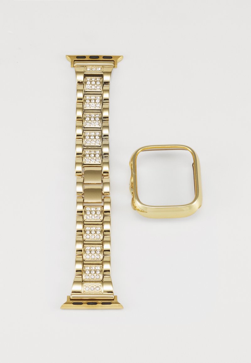 Bracelet de montre en métal doré avec des accents de strass et un boîtier de montre rectangulaire. Design à maillons avec une finition lisse et une surface polie.