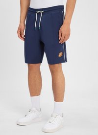 Granatowe szorty sportowe wykonane z mieszanki bawełny, z elastycznym pasem na sznurek, bocznymi kieszeniami oraz naszywką z logo na lewym udzie.