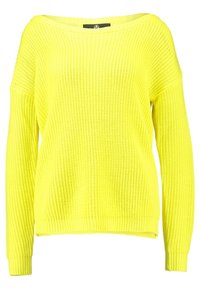 Helle gelbe Strickjacke mit weitem Ausschnitt, langen Ärmeln und gerippten Bündchen und Saum. Strukturierter Stoff und lockerer Schnitt.