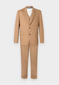Tan suit featuring a single-breasted blazer with three buttons, notch lapels, and matching trousers with rolled cuffs. Smooth fabric texture.