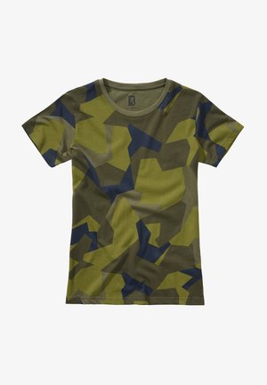 Rövid ujjú póló puha pamutból; zöld és tengerészkék álcázó mintával. Kerek nyakkivágás, normál szabás, sima felület.