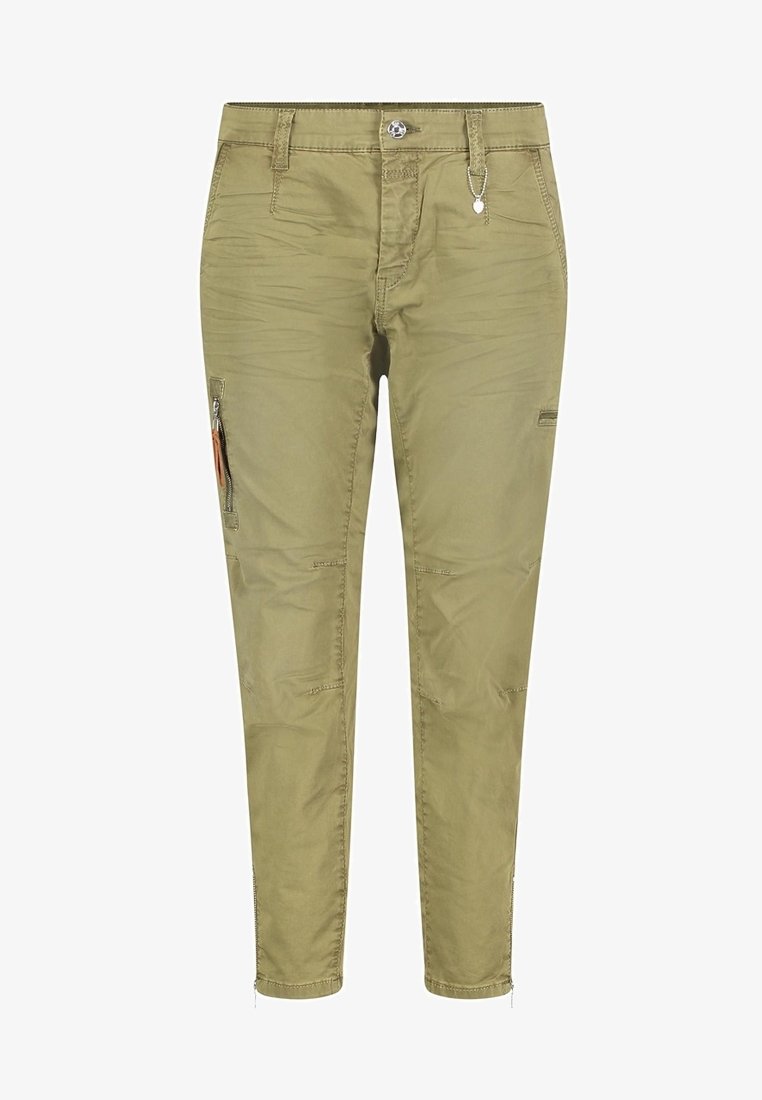 Oliwkowe, dopasowane spodnie wykonane z lekkiego materiału; posiadają kieszeń na zamek, fakturę tkaniny oraz zapięcie na guzik w pasie.