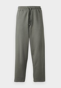 Graue Jogginghosen aus weichem Stoff mit elastischem Bund und Kordelzug; sie haben einen geraden Beinausschnitt und minimale Nähte.